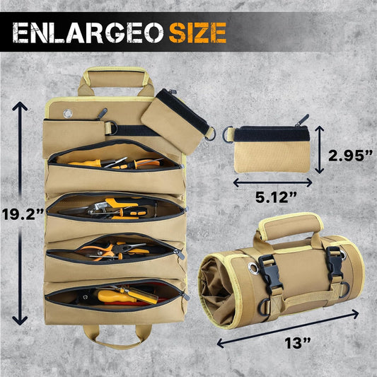 Roll up Tool Bag, Heavy Duty Tool Organizer with 2 Detachable Zipper Pouches, Compact Durable Tool Storage for Men Women, Perfect for Handyman, RV Owners, Dad Birthday or Father’S Day Gifts, Khaki