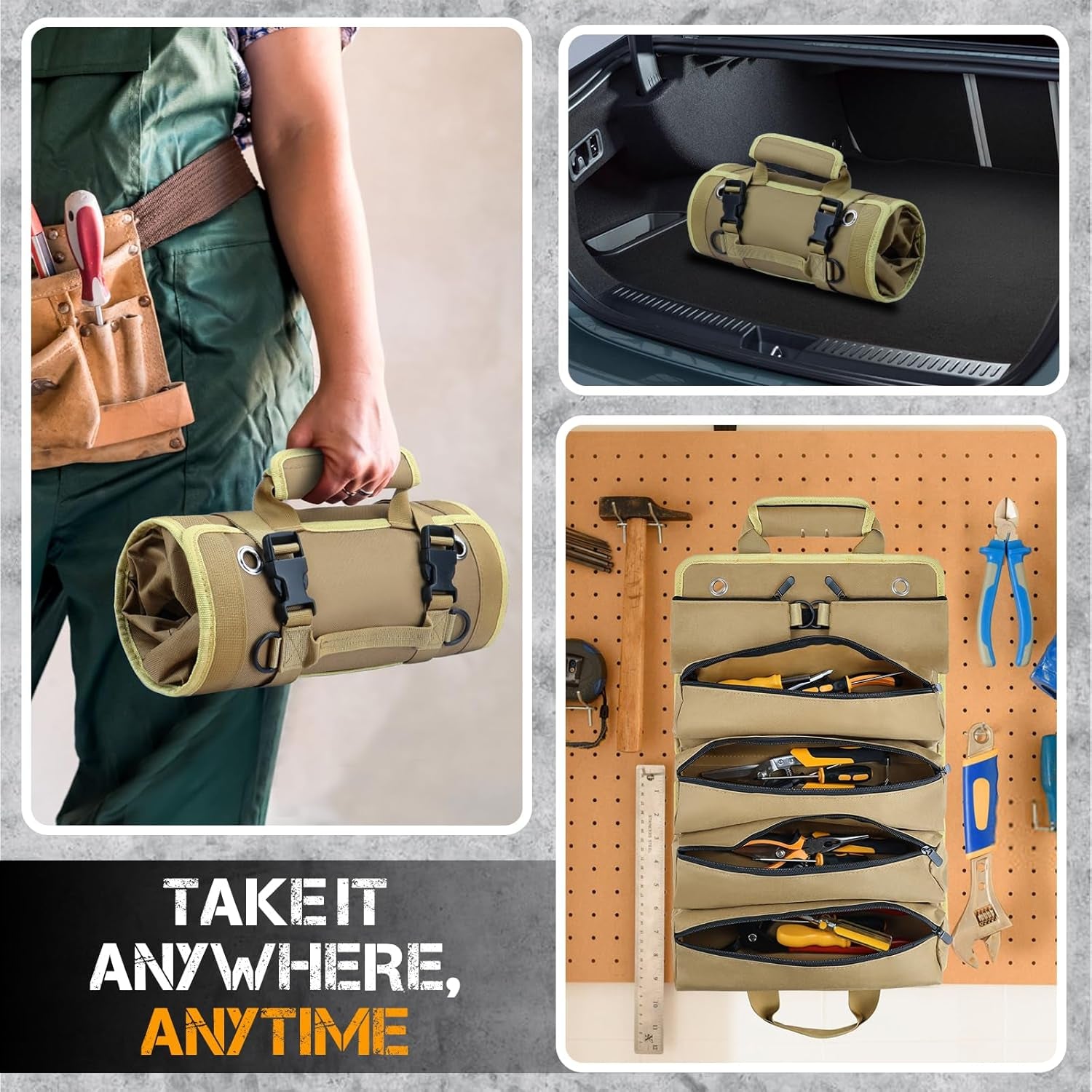 Roll up Tool Bag, Heavy Duty Tool Organizer with 2 Detachable Zipper Pouches, Compact Durable Tool Storage for Men Women, Perfect for Handyman, RV Owners, Dad Birthday or Father’S Day Gifts, Khaki