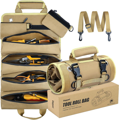 Roll up Tool Bag, Heavy Duty Tool Organizer with 2 Detachable Zipper Pouches, Compact Durable Tool Storage for Men Women, Perfect for Handyman, RV Owners, Dad Birthday or Father’S Day Gifts, Khaki