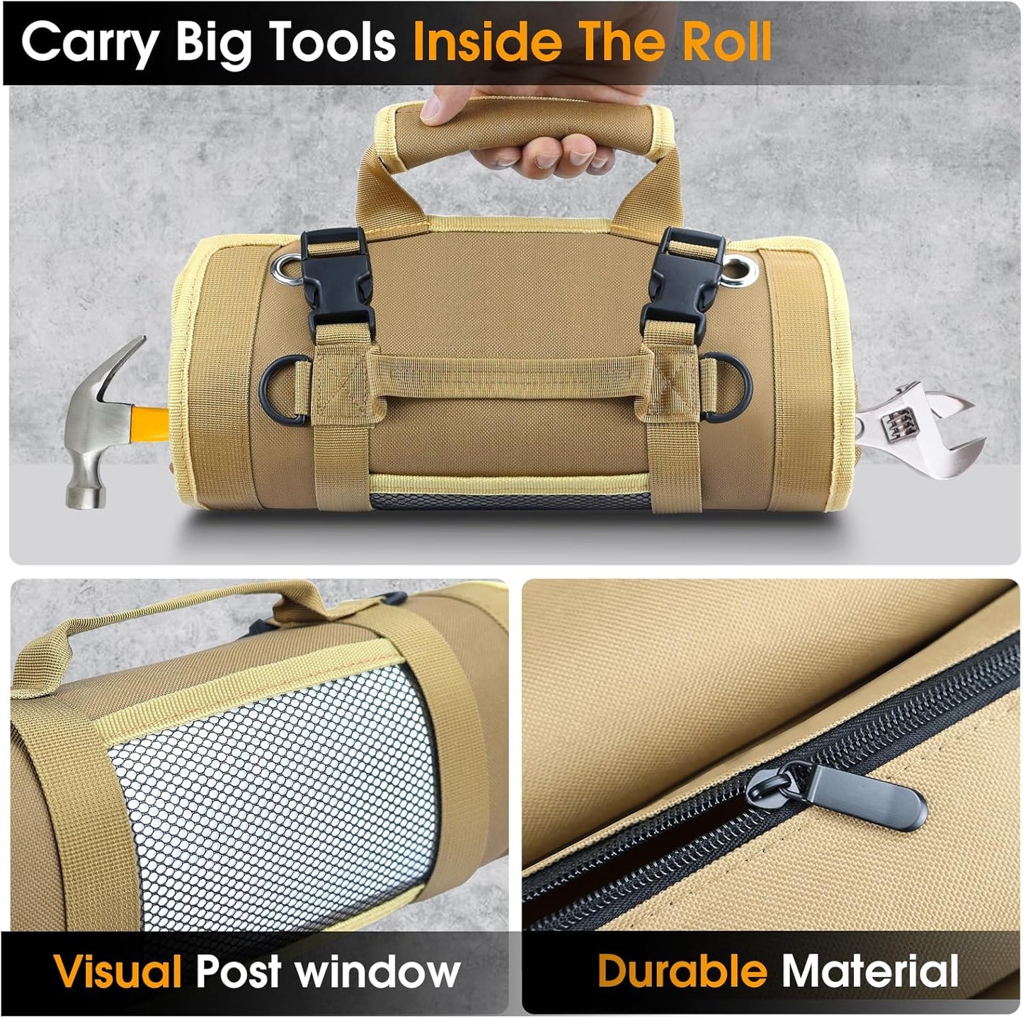 Roll up Tool Bag, Heavy Duty Tool Organizer with 2 Detachable Zipper Pouches, Compact Durable Tool Storage for Men Women, Perfect for Handyman, RV Owners, Dad Birthday or Father’S Day Gifts, Khaki
