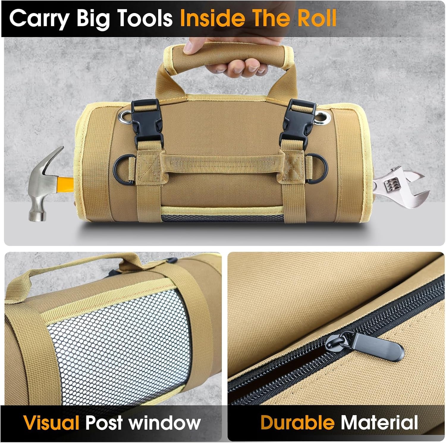 Roll up Tool Bag, Heavy Duty Tool Organizer with 2 Detachable Zipper Pouches, Compact Durable Tool Storage for Men Women, Perfect for Handyman, RV Owners, Dad Birthday or Father’S Day Gifts, Khaki