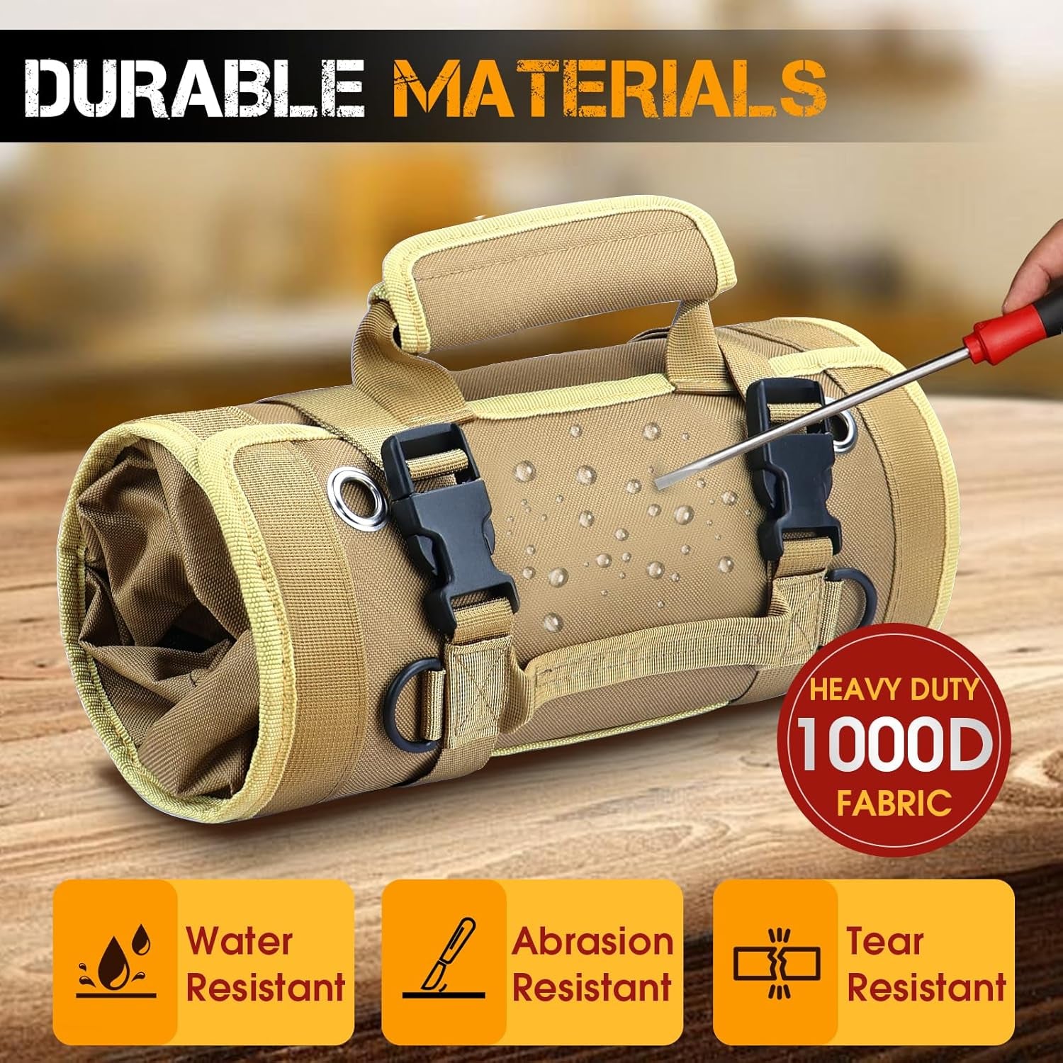 Roll up Tool Bag, Heavy Duty Tool Organizer with 2 Detachable Zipper Pouches, Compact Durable Tool Storage for Men Women, Perfect for Handyman, RV Owners, Dad Birthday or Father’S Day Gifts, Khaki